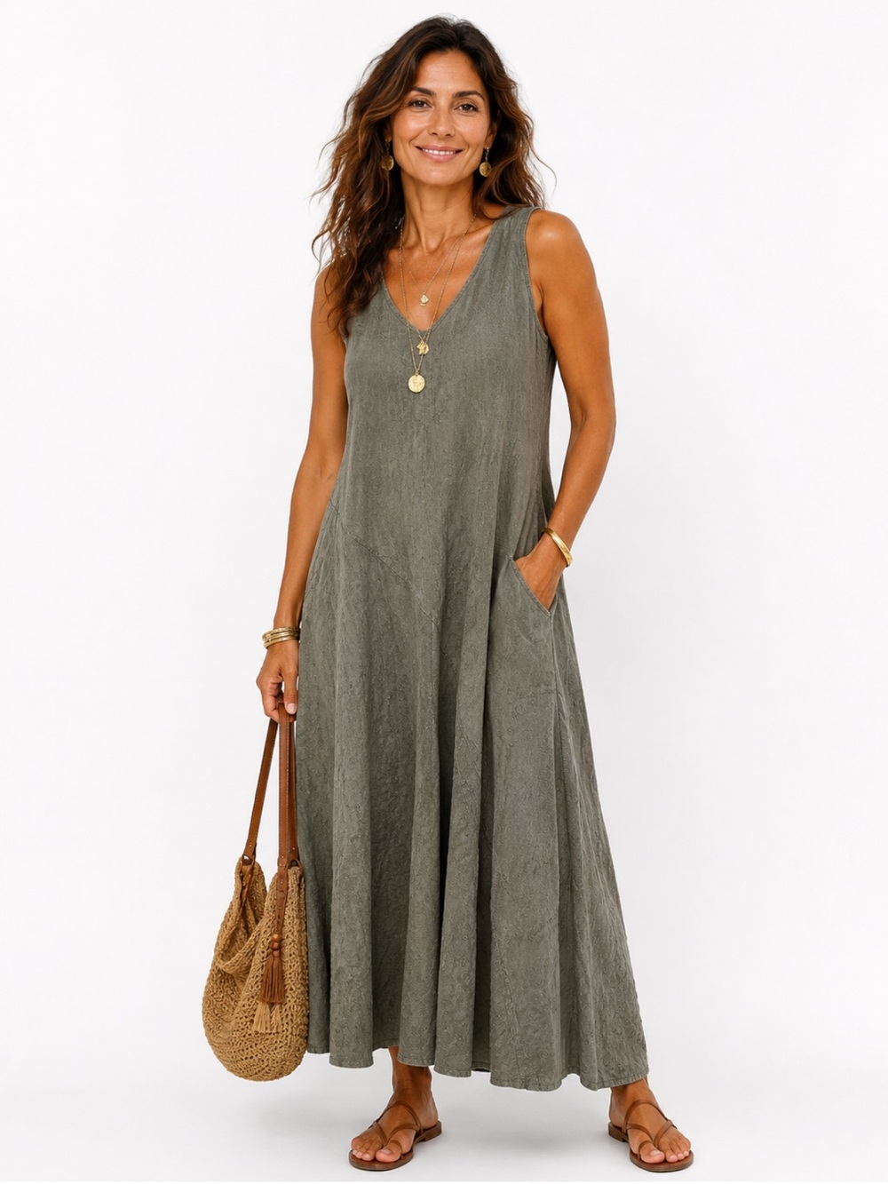 Soft Surroundings Olive Sleeveless V-Neck Flowing Maxi Dress